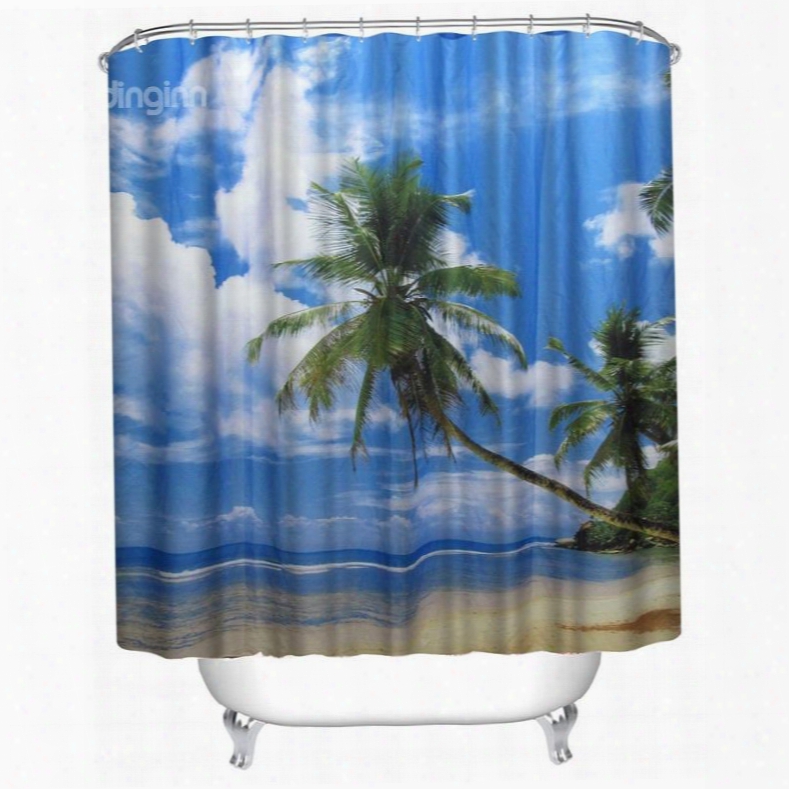 3d Beach In Blue Sky Polyester Waterproof Antibacterial And Eco-friendly Shower Curtain