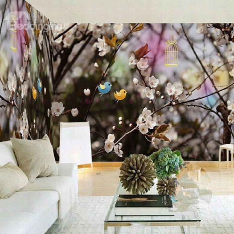 3d Birds And Plum Blossoms Printed Sturdy Waterproof And Eco-friendly Wall Mural