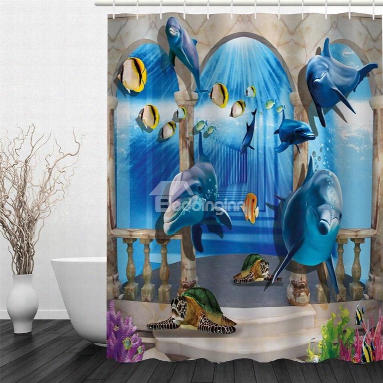 3d Blue Dolphins Printed Polyester Waterptoof Antibacterial And Eco-friendly Shower Curtain