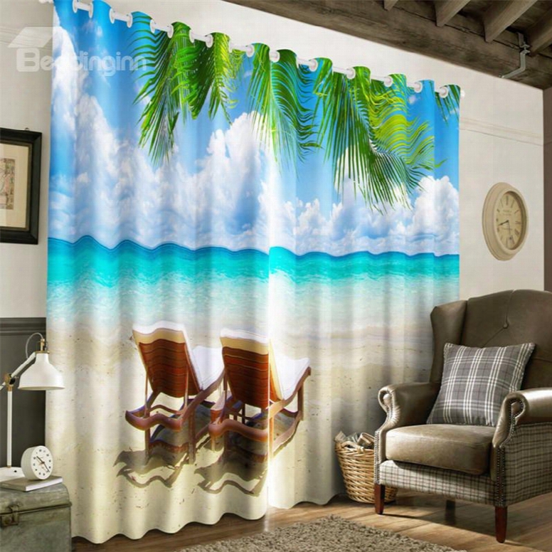 3d Blue Sea And Clean Sky With Leisure Chairs Printed 2 Panels Living Room Window Curtain