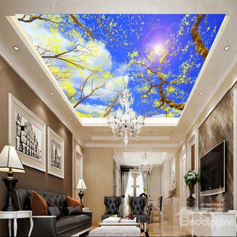 3d Blue Sky And Trees With Yellow Leaves Waterproof Durable Eco-friendly Ceiling Murals