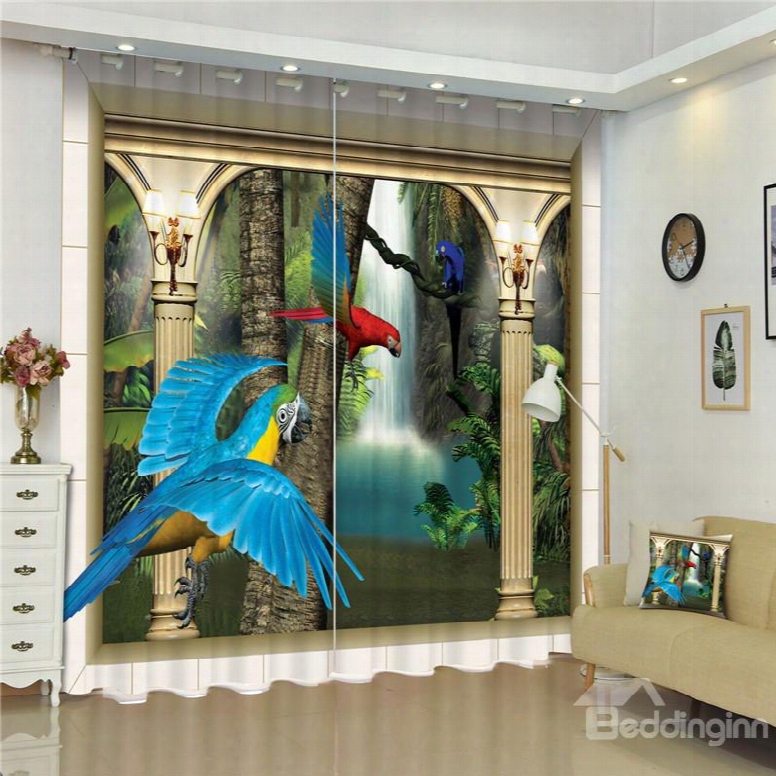 3d Bright Colored Parrots Flying In Dreamy Palace Printed Custom Window Curtain