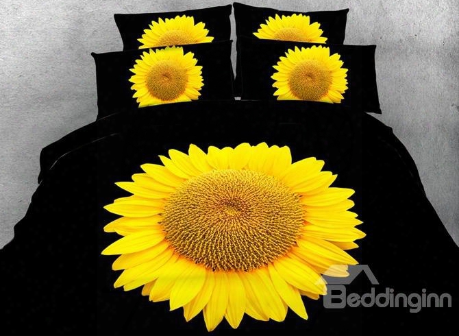 3d Bright Yellow Sunflower Printed Cotton 4-piece Black Bedding Sets/duvet Covers