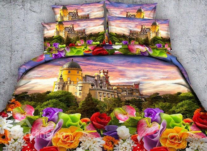 3d Castle And Colorful Flowers Printed 4-piece Bedding Sets/duvet Covers