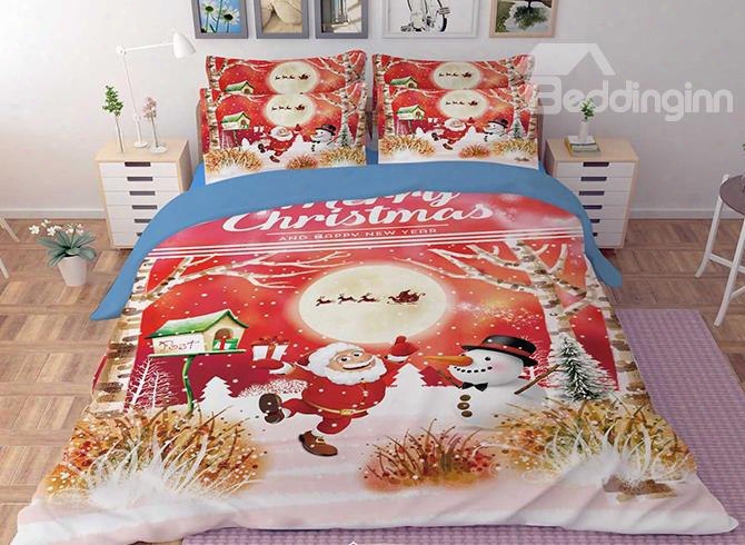 3d Christmas Santa And Sleigh Snowman Printed Polyeste R4-piece Bedding Sets/duvet Covers