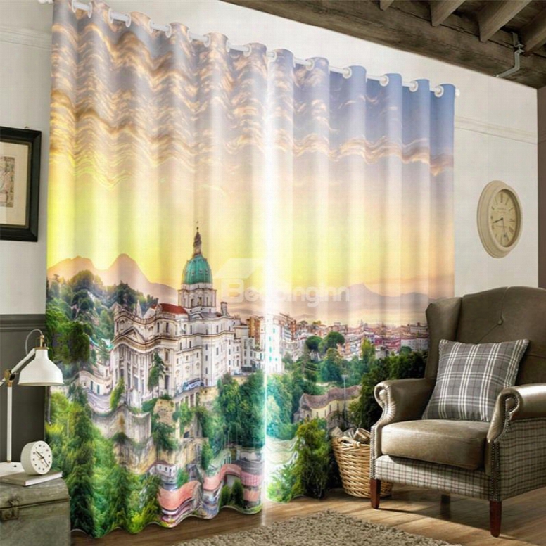 3d City Buildings Printed Decorative 2 Panels Custom Living Room Curtain