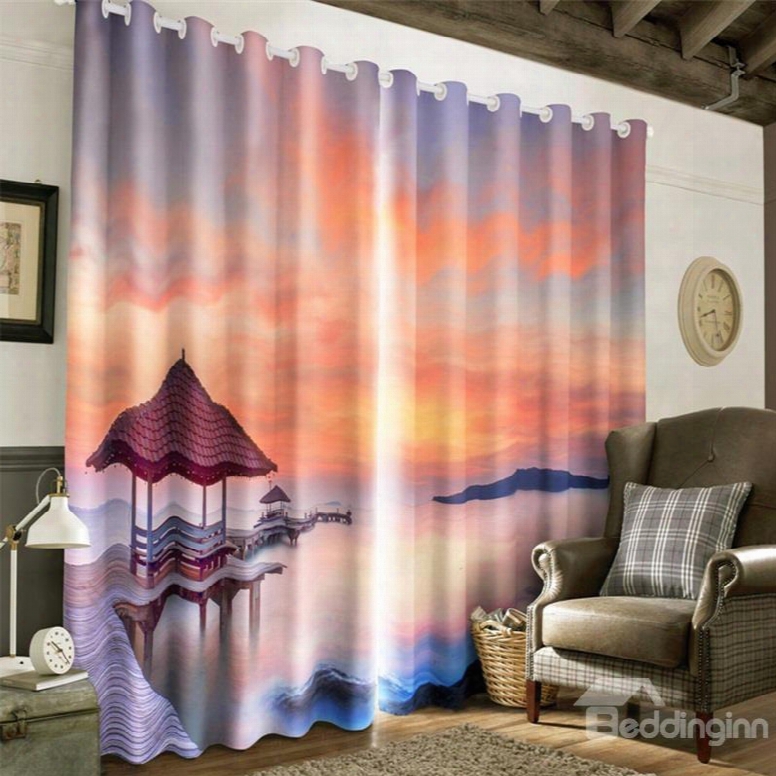 3d Cloud-wrapped Mountains And Wooden Bridge Printed 2 Panels Living Room Window Drapes