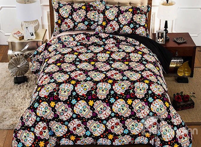 3d Colorful Floral And Skulls Printed Polyester 4-piece Bedding Sets/duvet Covers