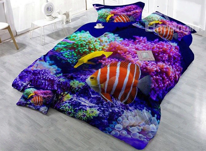 3d Coral Fish Sea World Printed Cotton 4-piece Bedding Sets/duvet Cover