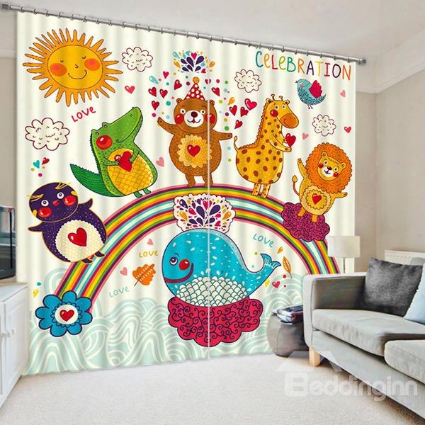 3d Cute Cartoon Animals With Rainbow Printed Decorative And Blackout Curtain