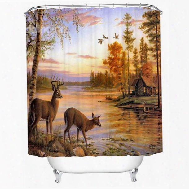 3dd Eer Beside River Printed Polyester Bathrom Shower Curtain