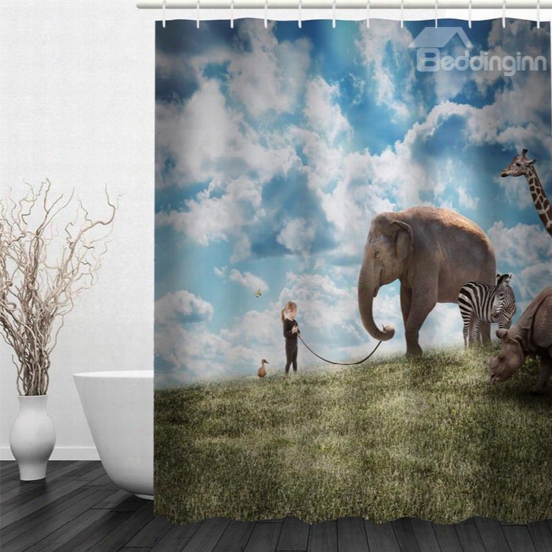 3d Elephant And Zebra Pattern Polyester Waterproof Antibacterial And Eco-friendly Shower Curtain