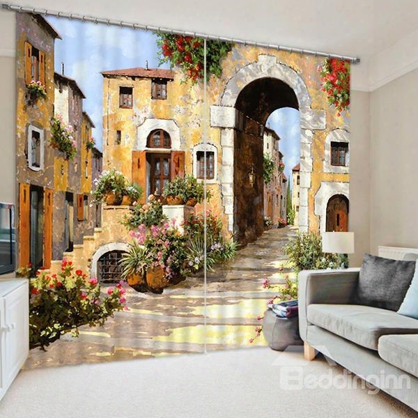 3d European Countryside Pathway And Buildings Printed Custom Curtain For Living Room