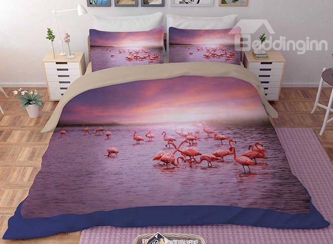 3d Flamingo Paradise Printed Polyester 4-piece Bedding Sets/duvet Covers