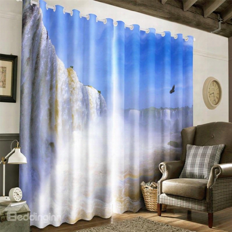 3d Flying Seagulls And Grand Waterfalls Printed Natural Style Decorative Custom Curtain