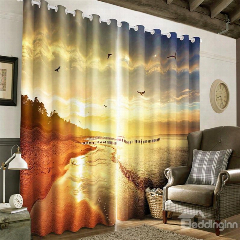 3d Flying Seagulls And Surging Waves Printed Living Room And Bedroom Window Drapes