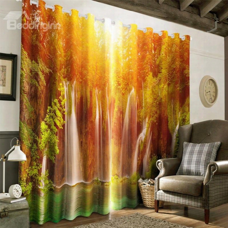 3d Forest Waterfalls And Soft Sunlight Printed 2 Pieces Decorative And Heat Insulation Curtain