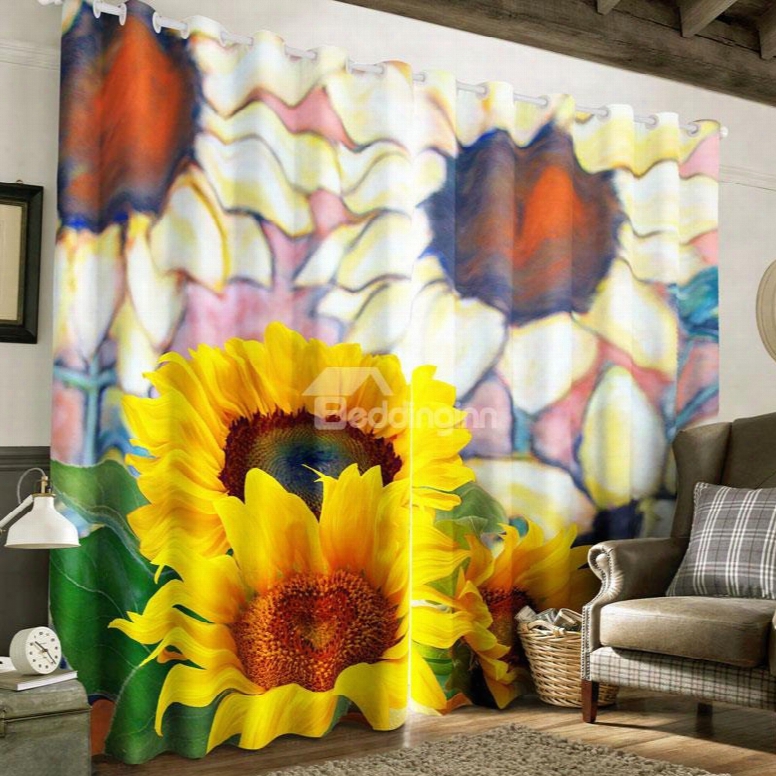 3d Fresh Sunflowers Printed Pastoral Style Tencel Materials Custom Living Room Curtain