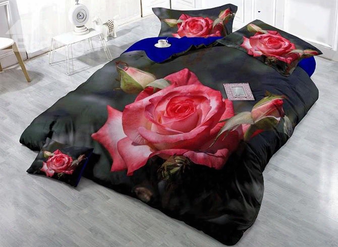 3d Full-blown Pink Rose And Bud Printed Cotton 4-piece Bedding Sets/duvet Cover