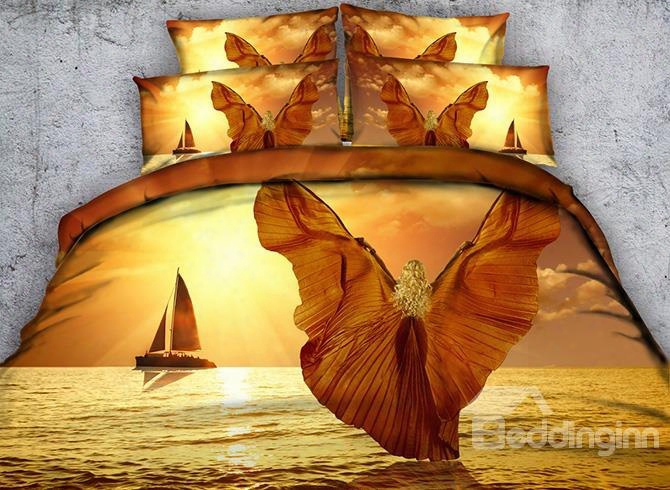 3d Girl With Wings Printed Cotton 4-piece Bedding Sets/duvet Covers