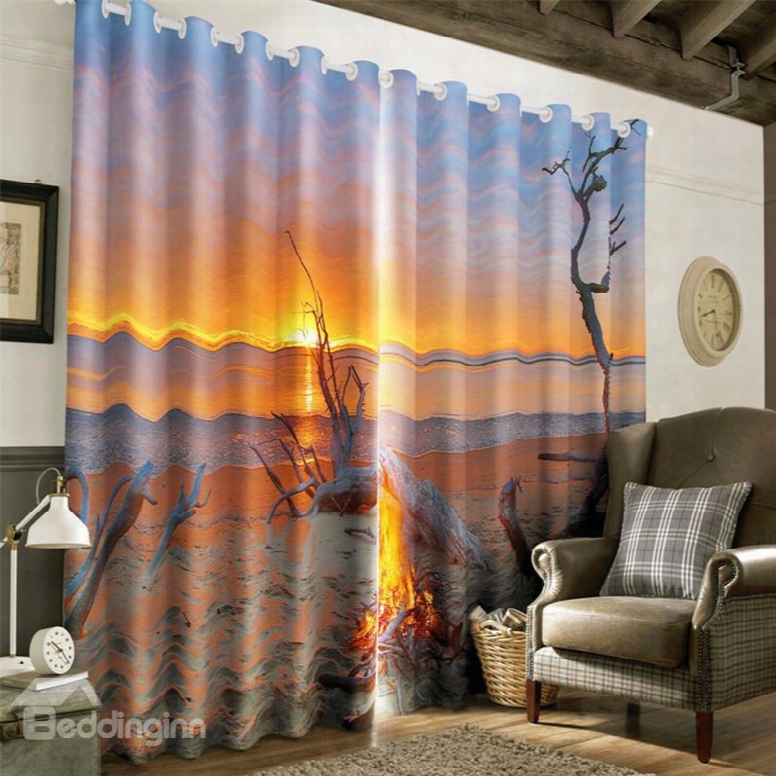 3d Golden Sunrise And Peaceful Beach Printed 2 Panels Decorative And Blackout Curtain