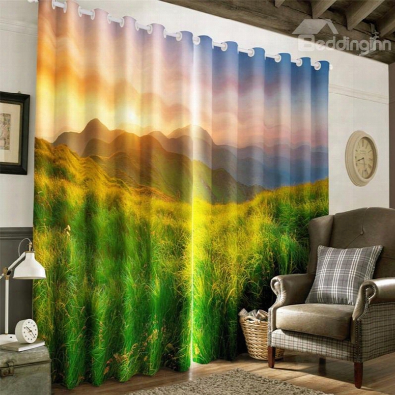 3d Green Grassland And Rolling Mountains Woth Soft Sunlight Printed Decorative And Blackout Curtain