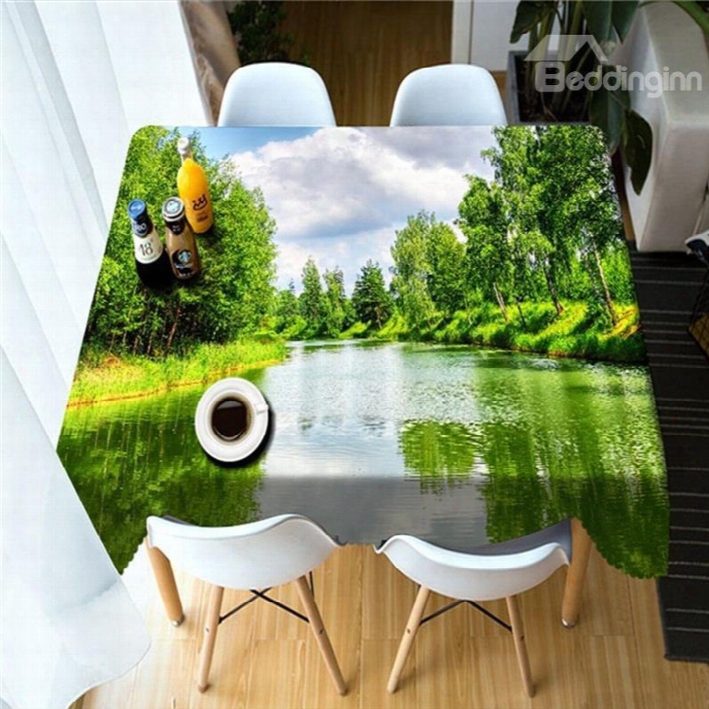 3d Green Mountains And Clean Water Printed Thick Polyester Oil-proof Table Cover