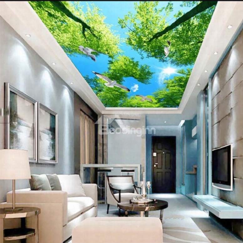 3d Green Trees Under Blue Sky Pattern Waterproof Durable Eco-friendly Ceiling Murals