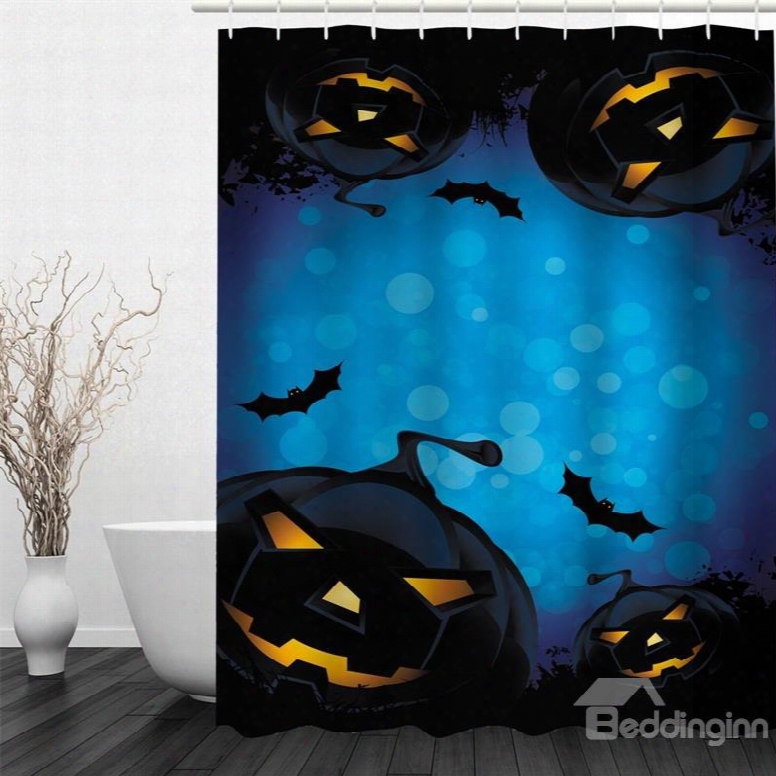 3d Halloween Jack-o-lanterns Bats Polyester Waterproof Antibacterial And Eco-friendly Blue Shower Curtain