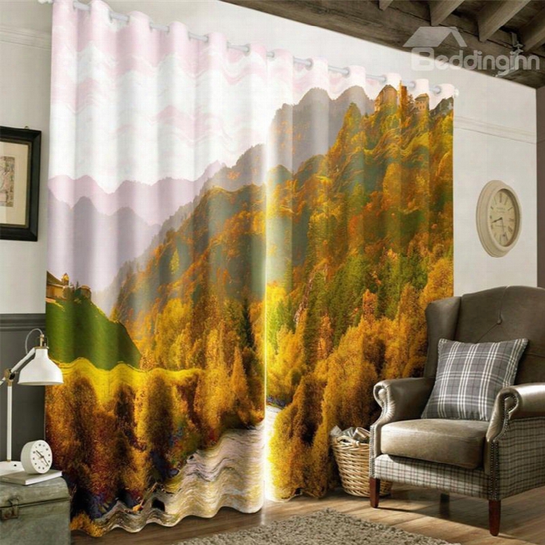 3d High Mountains Covered With Yellow Leaves And Flowing River Printed 2 Panels Curtain