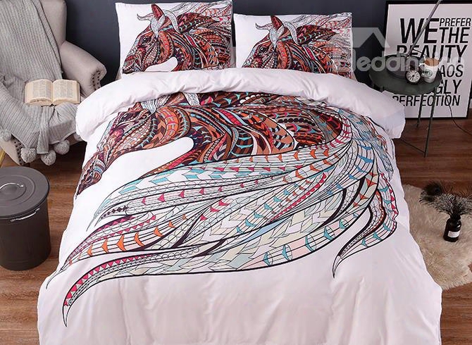 3d Horse Printed Exotic Style Polyester 3-piece White Bedding Sets