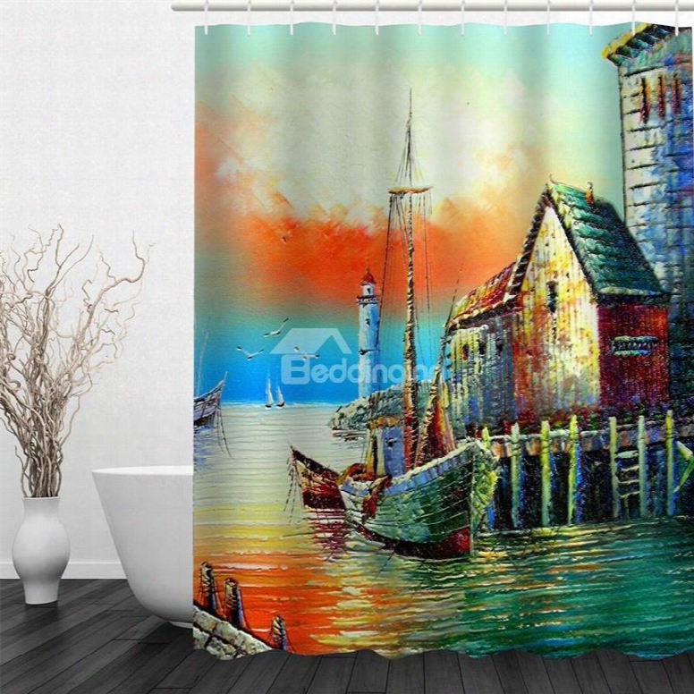 3d Houses Beside Sea Polyester Waterproof Antibacterial And Eco-friendly Shower Curtain