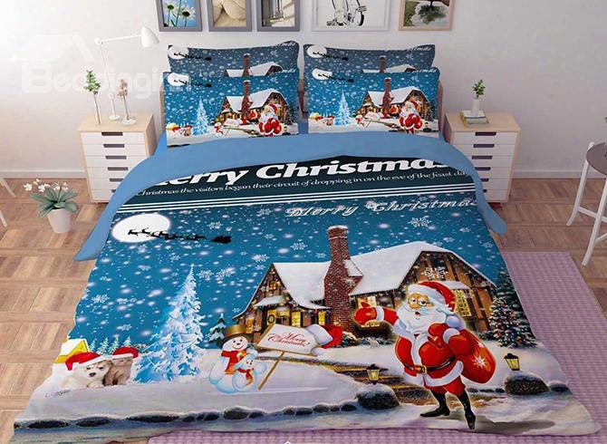 3d Jolly Santa And Merry Christmas Printed Polyester 4-piece Bedding Sets/duvet Covers