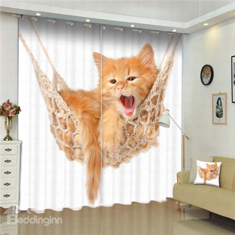 3d Lovely Cat Printed Animal Style Thick Polyester 2 Panels Decorative And Shading Curtain