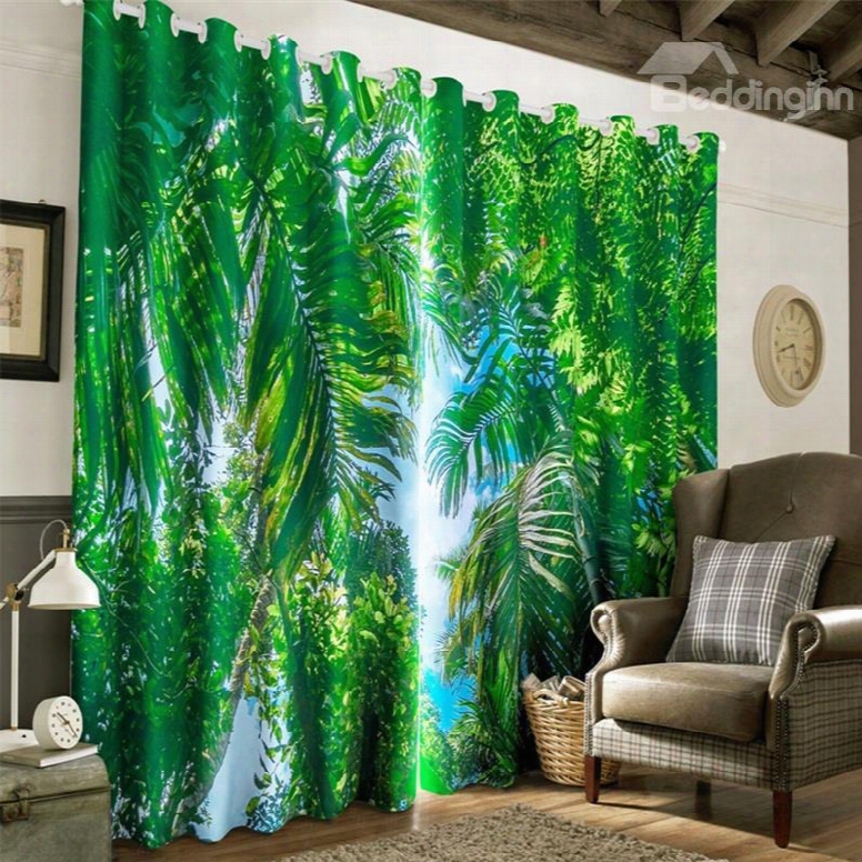 3d Lush Conifers And Soft Sunlight Printed 2 Panels Heat Insulated Custom Curtain