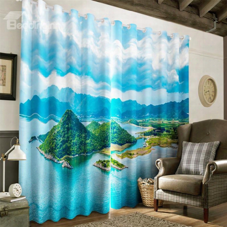 3d Lush Islands And Blue Sea Printed Decorative And Heat Insulation Window Drapes