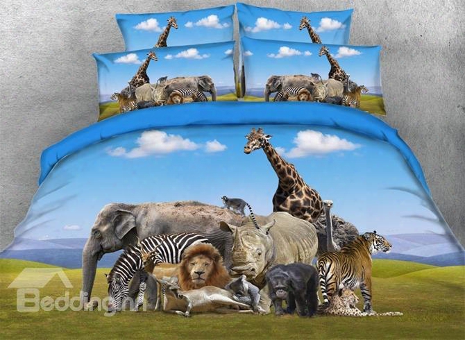 3d Menagerie Animal Under Blue Sky Printed Cotton 4-piece Bedding Sets/duvet Covers