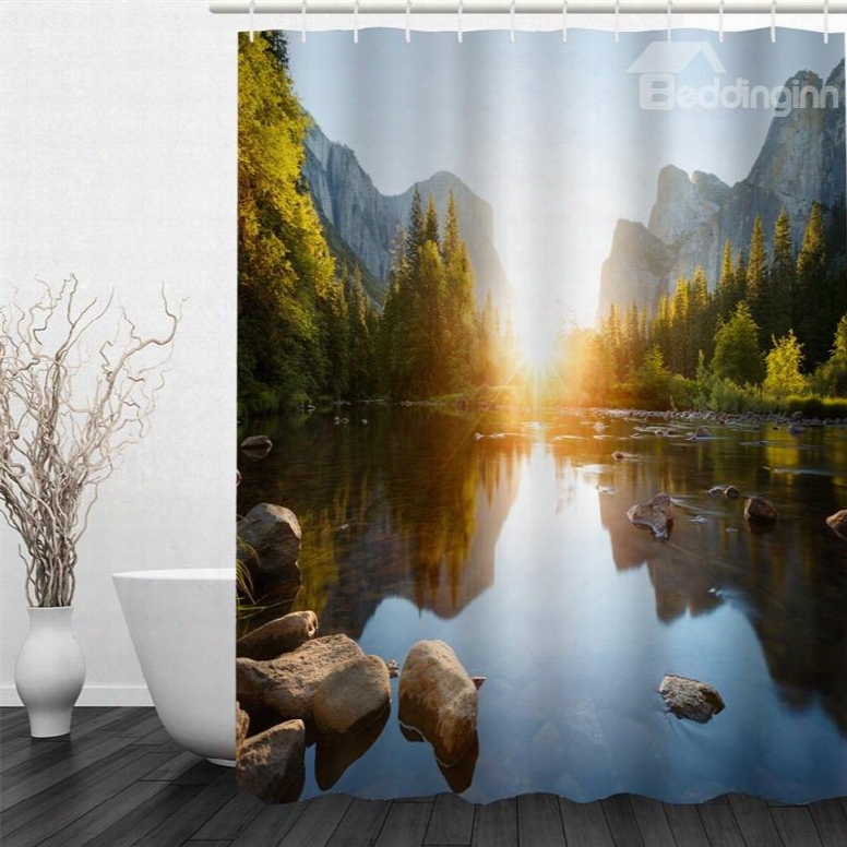 3d Mountains Trees Surrounding Lake In Sunshine Polyester Waterproof Antibacterial Eco-friendly Shower Curtain