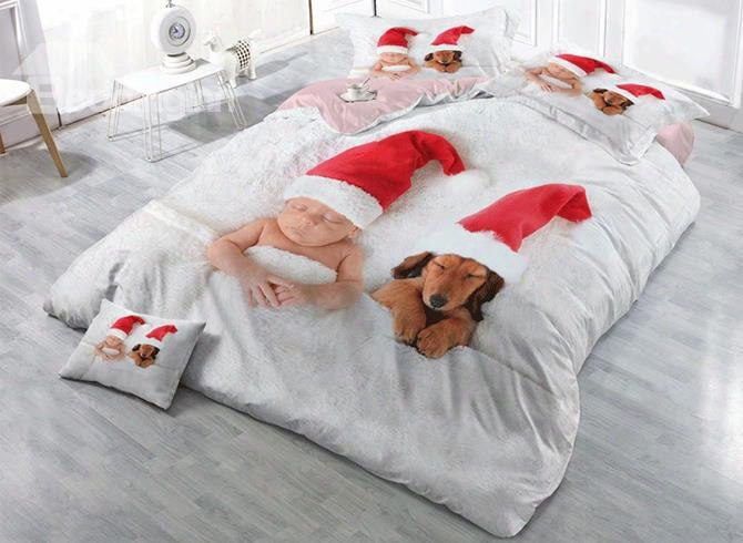 3d Newborn And Dog Wearing Christmas Hats Cotton 4-piece Bedding Sets/duvet Cover