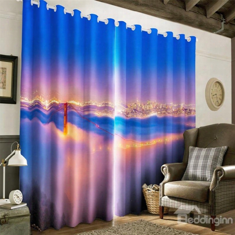 3d Night City Scenery Top View Printed Modern Style Polyester Custom Curtain