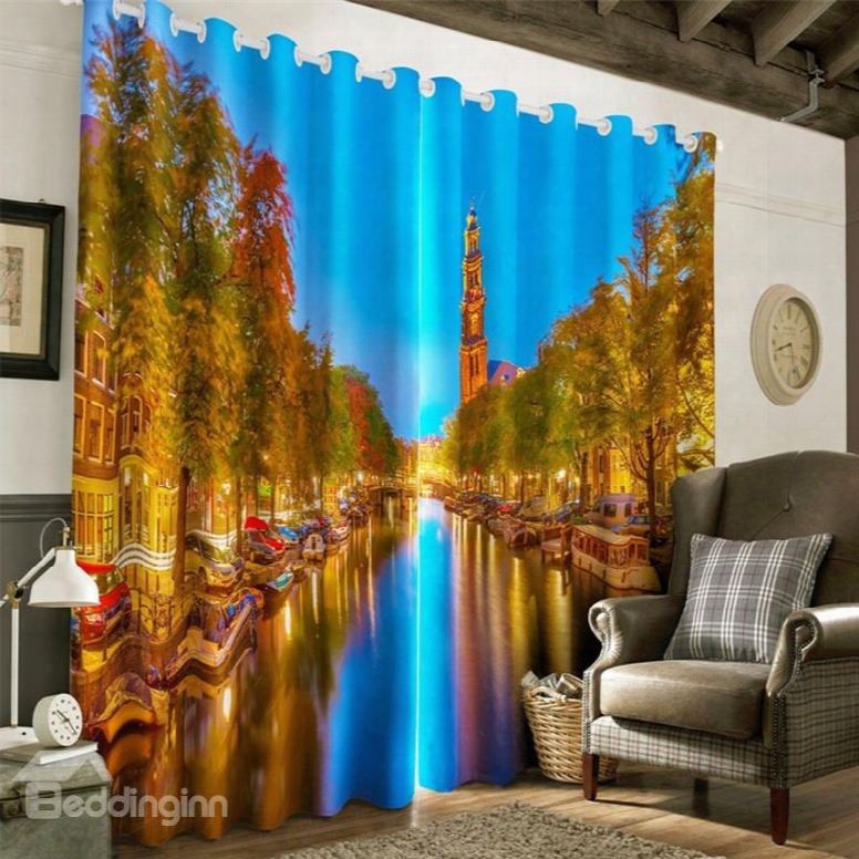 3d Peaceful Lake And Golden City Printed 2 Panels Custom Curtain For Living Room