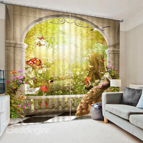 3d Peacock Butterflies Dove And Mushroom In Magic Garden Printed Decoration Polyester Curtain