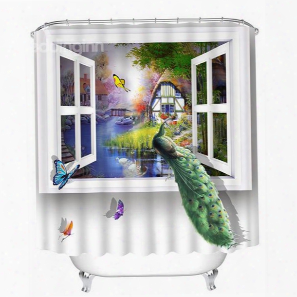 3d Peacock On Window Printed Polyester White Shower Curtain