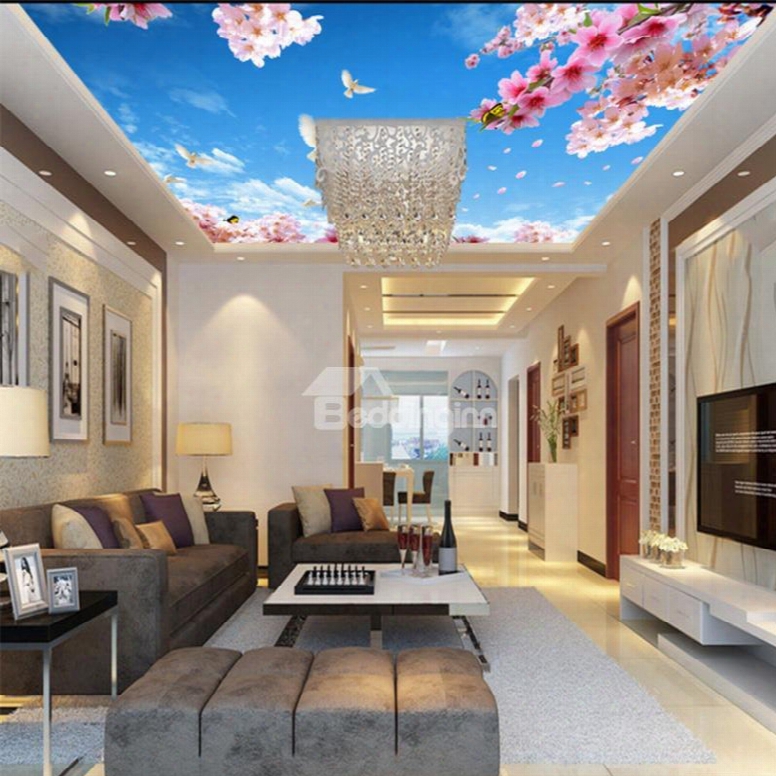 3d Pink Flowers Doves In Blue Sky Waterproof Sturdy Eco-friendly Self-adhesive Ceiling Murals