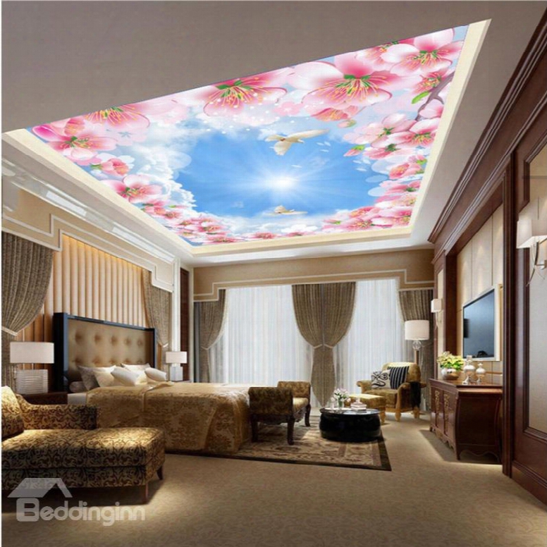 3d Pink Flowers Underr Sky Pvc Waterproof Sturdy Eco-friendly Self-adhesive Ceiling Murals