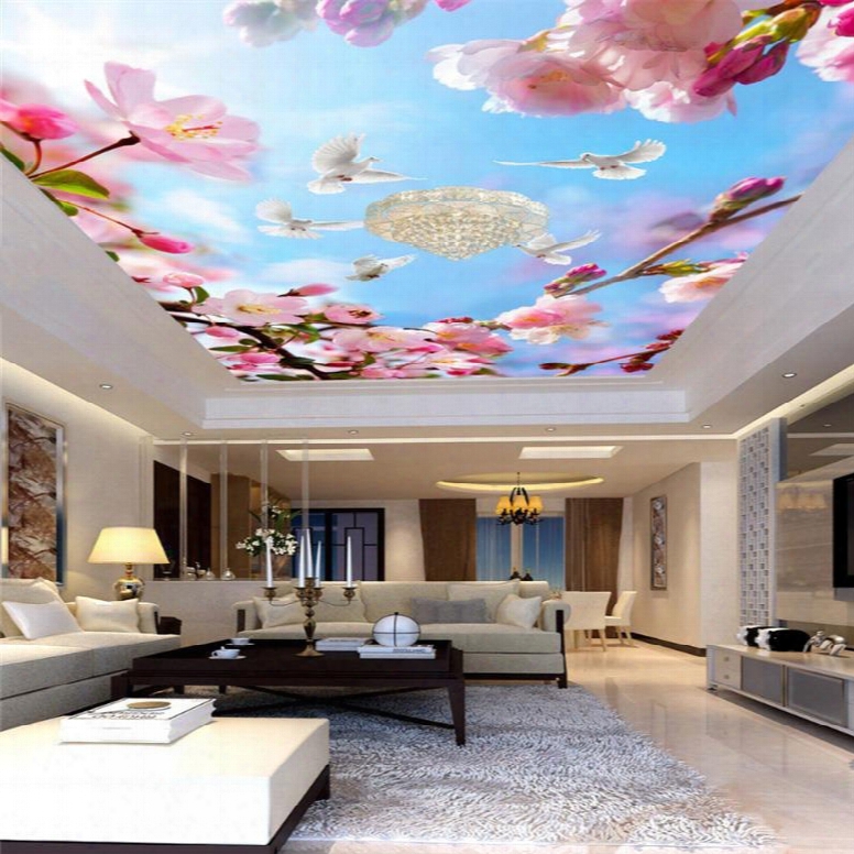 3d Pink Peach-blossoms Waterproof Durable And Eco-friendly Ceiling Murals