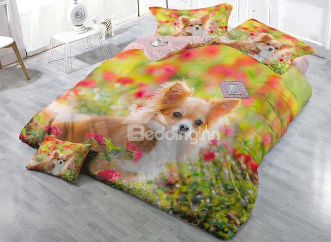 3d Pomeranian Dog And Spring Floral Printed Cotton 4-piece Bedding Sets/duvet Cover