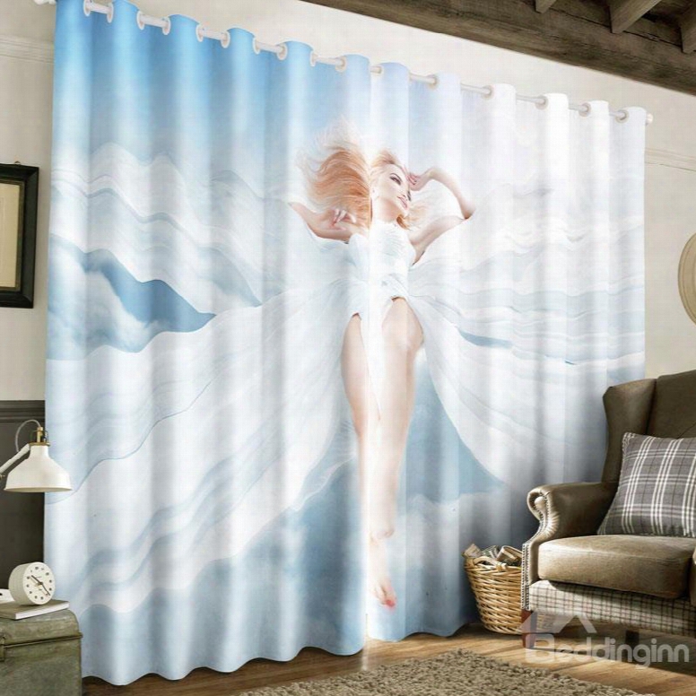 3d Pretty Lady With White Dress Printed 2 Panels Custom Living Room Curtain