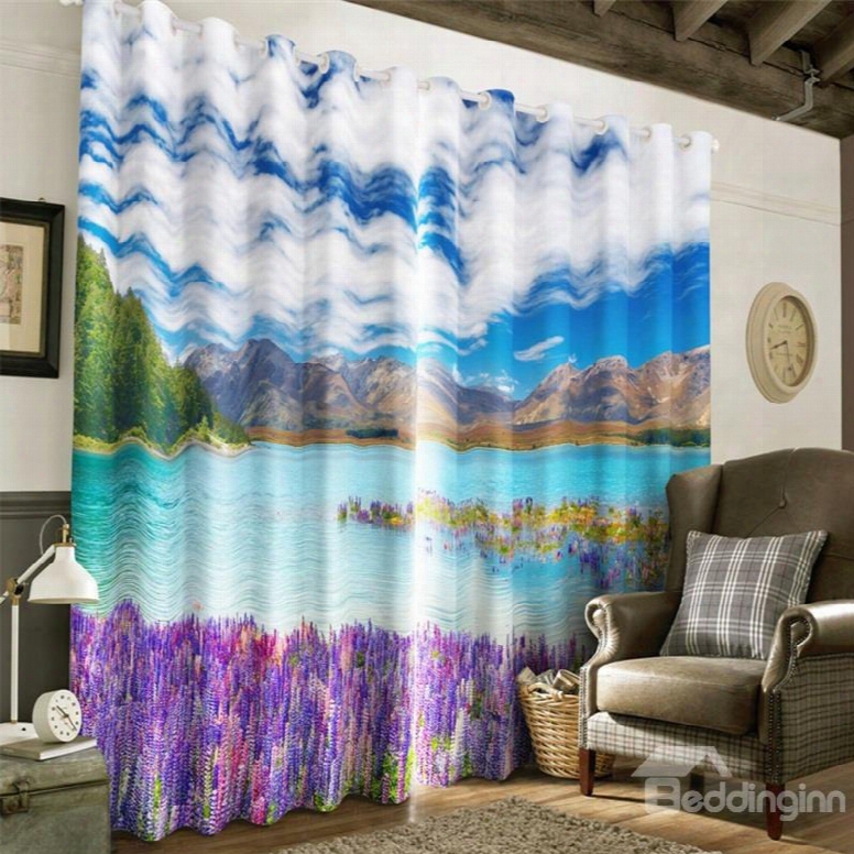 3d Purple Dandelions And Limpid Lake Printed Living Room And Bedroom Decorative Curtain