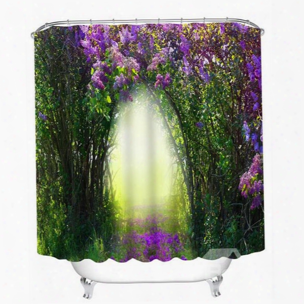 3d Purple Flowers And Forest Printed Polyester Green Shower Curtain